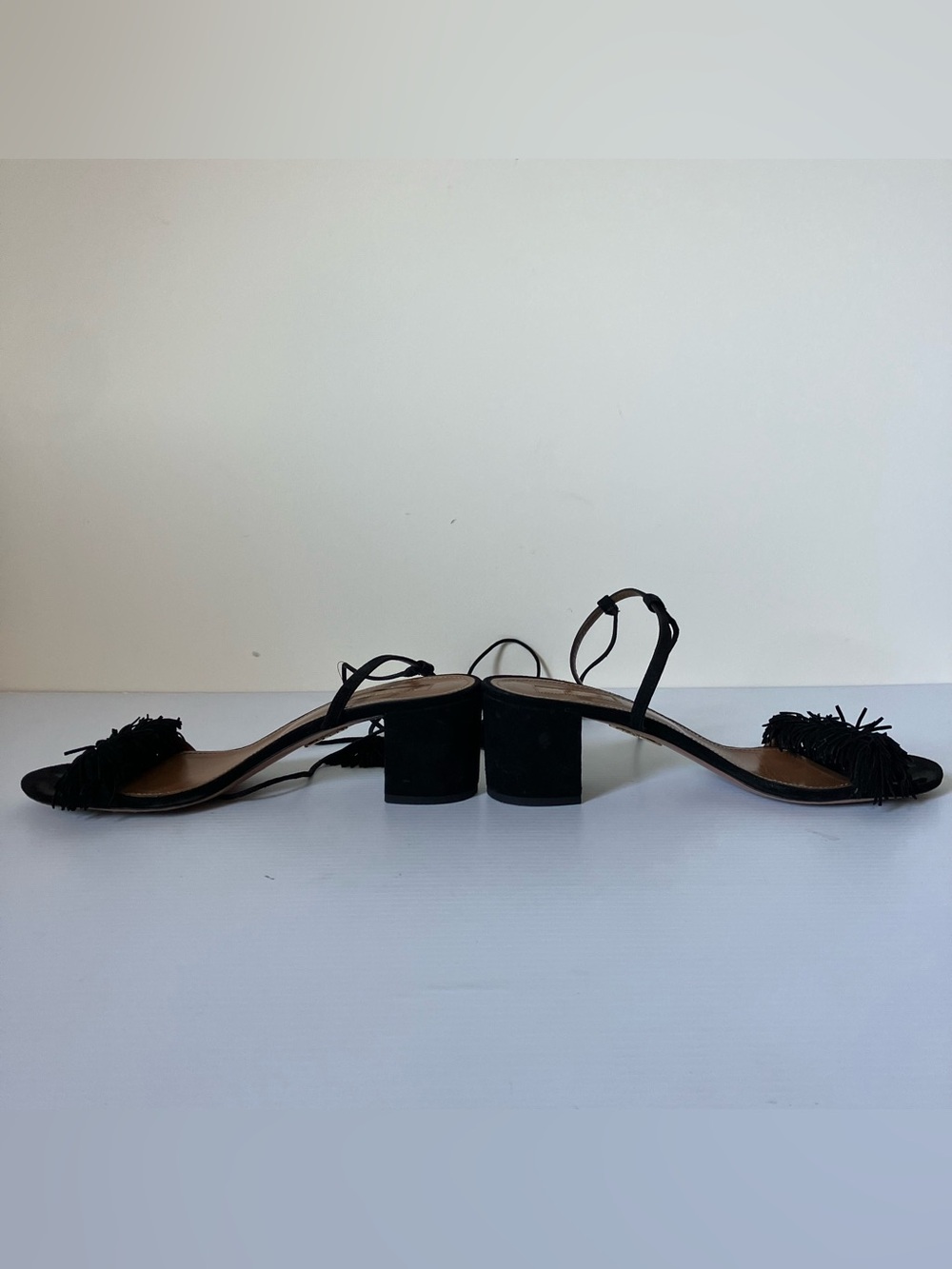 Aquazzura Black Tassel Lace-Up Block Heel Sandals | Designer Heels size 40.5 - Picture 5 of 12